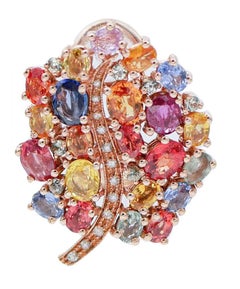 Multicolor Sapphires, Diamonds, 14 Karat Rose Gold Leaves-Shape Earrings.