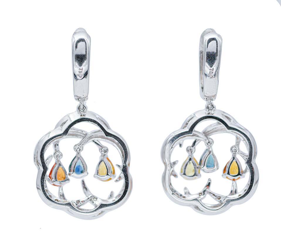 Modern Multicolor Sapphires, Diamonds, 18 Karat White Gold Dangle Earrings For Sale