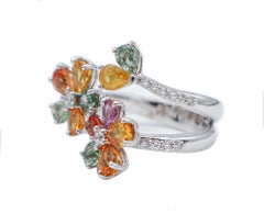 Multicolor Sapphires, Diamonds, 18 Karat White Gold Flower Ring