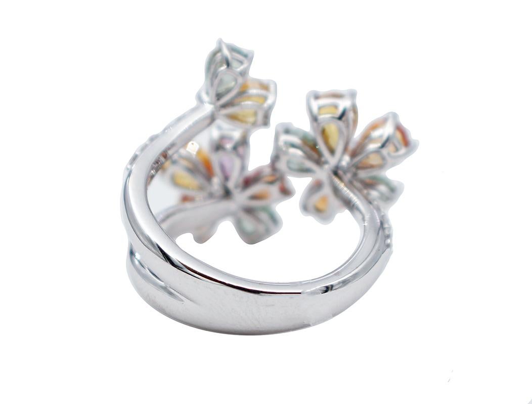Modern Multicolor Sapphires, Diamonds, 18 Karat White Gold Flower Ring For Sale