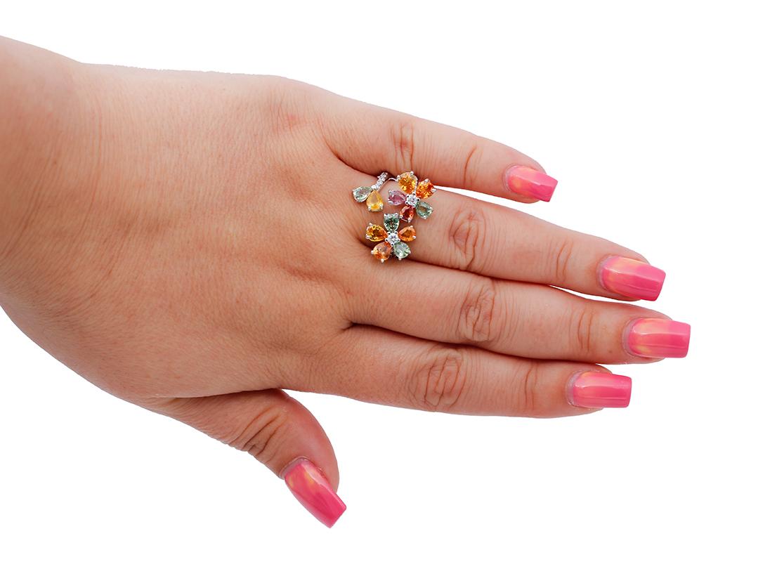 Mixed Cut Multicolor Sapphires, Diamonds, 18 Karat White Gold Flower Ring For Sale