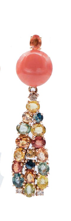 Multicolor Sapphires, Diamonds, Coral, 14 Karat Rose Gond Dangle Earrings