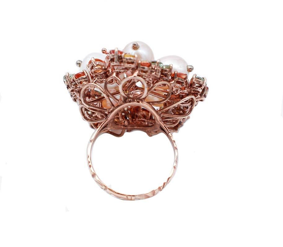 Retro Multicolor Sapphires, Diamonds, Pearls, 9 Karat Rose Gold and Silver Ring