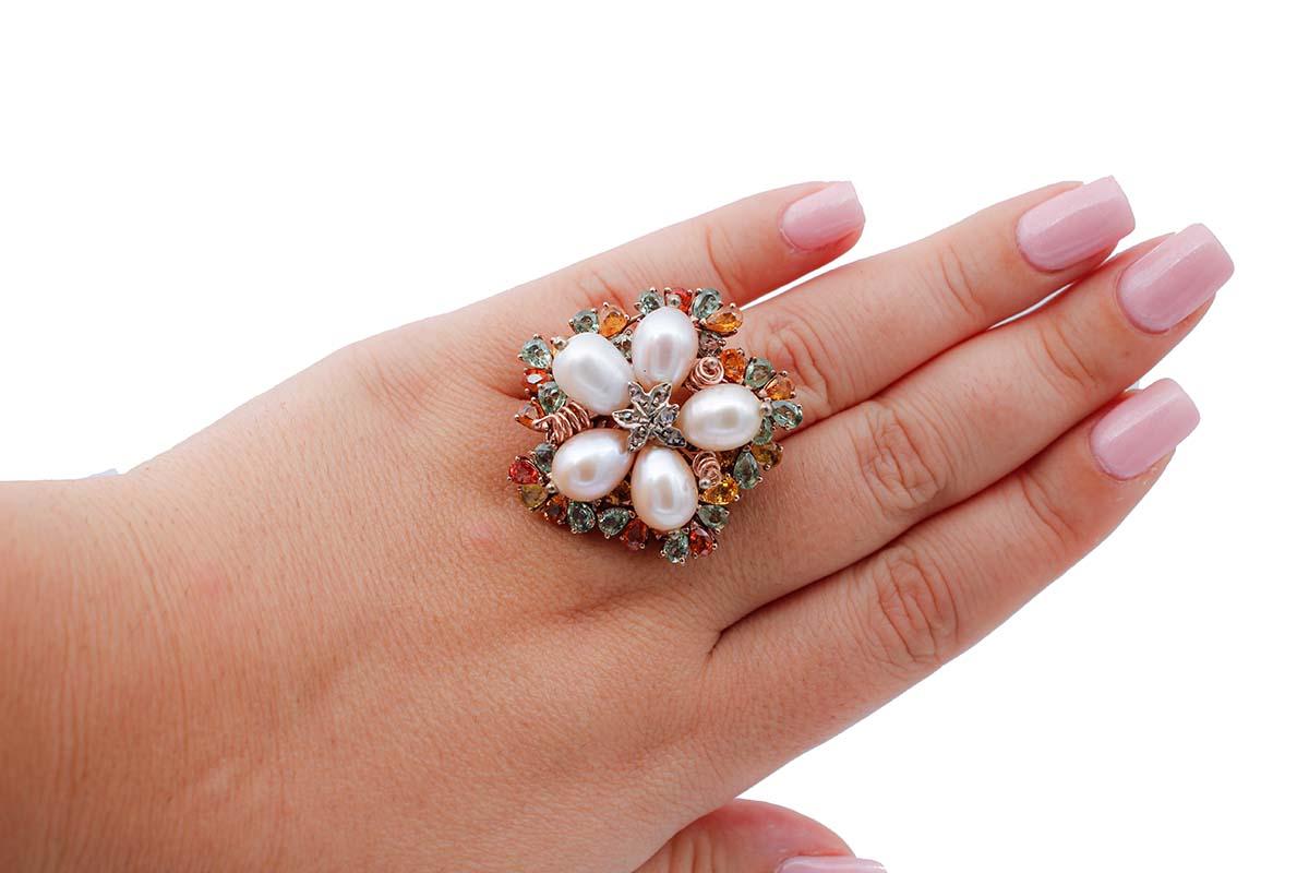 Mixed Cut Multicolor Sapphires, Diamonds, Pearls, 9 Karat Rose Gold and Silver Ring For Sale