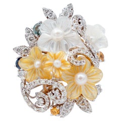 Vintage Multicolor Sapphires, Diamonds, Pearls, Stones, 14 Karat White Gold Ring