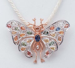 Collar Broche/Pendiente Zafiros Multicolor, Diamantes, Oro Rosa y Plata