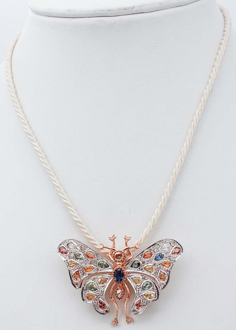 Rétro Broche/ collier pendentif en or rose et argent avec saphirs multicolores, diamants en vente