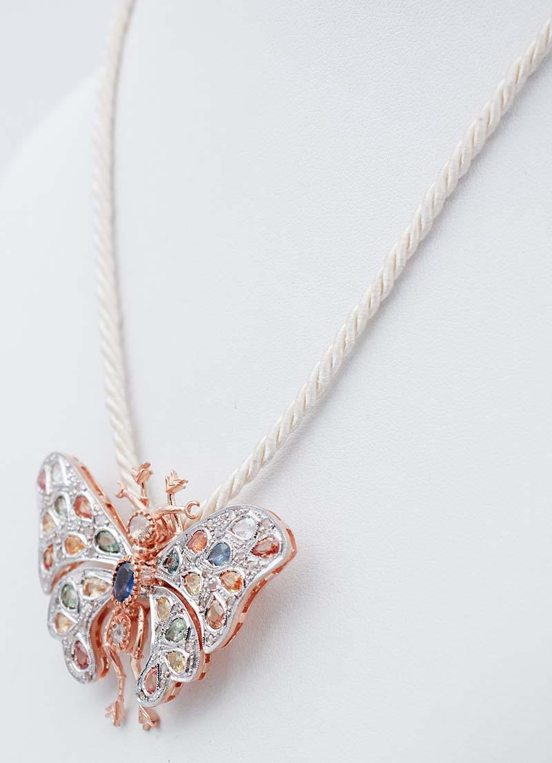 Mixed Cut Multicolor Sapphires, Diamonds, Rose Gold and Silver Brooch/Pendant Necklace For Sale