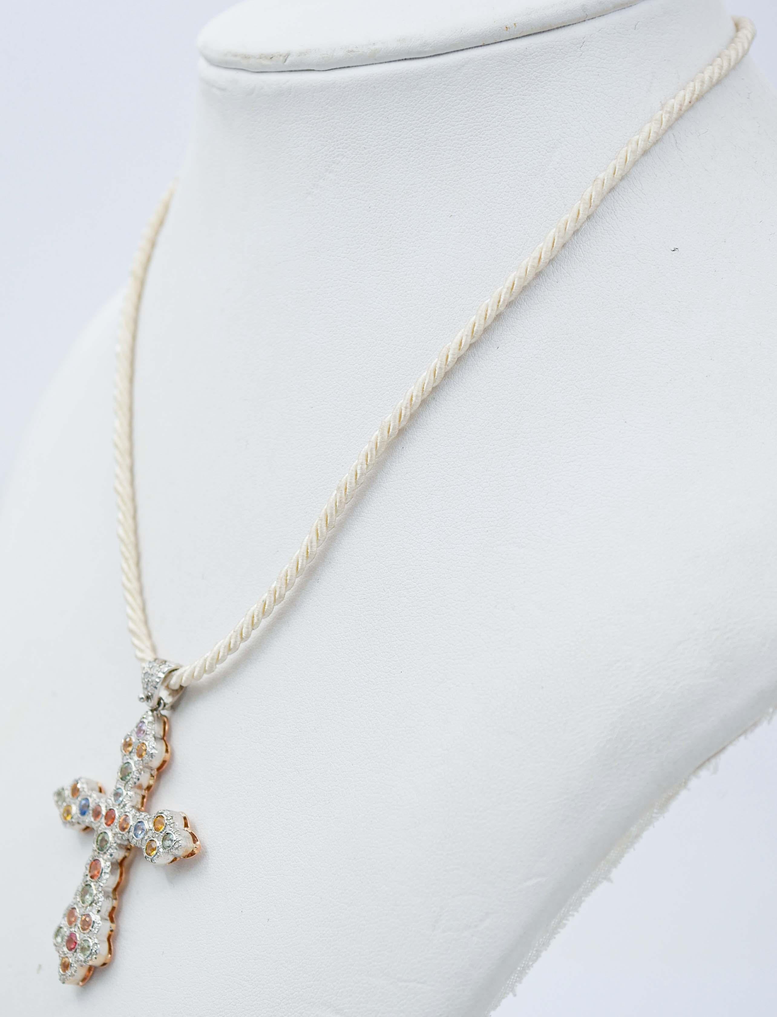 Retro Multicolor Sapphires, Diamonds, Rose Gold and Silver Cross Pendant Necklace For Sale