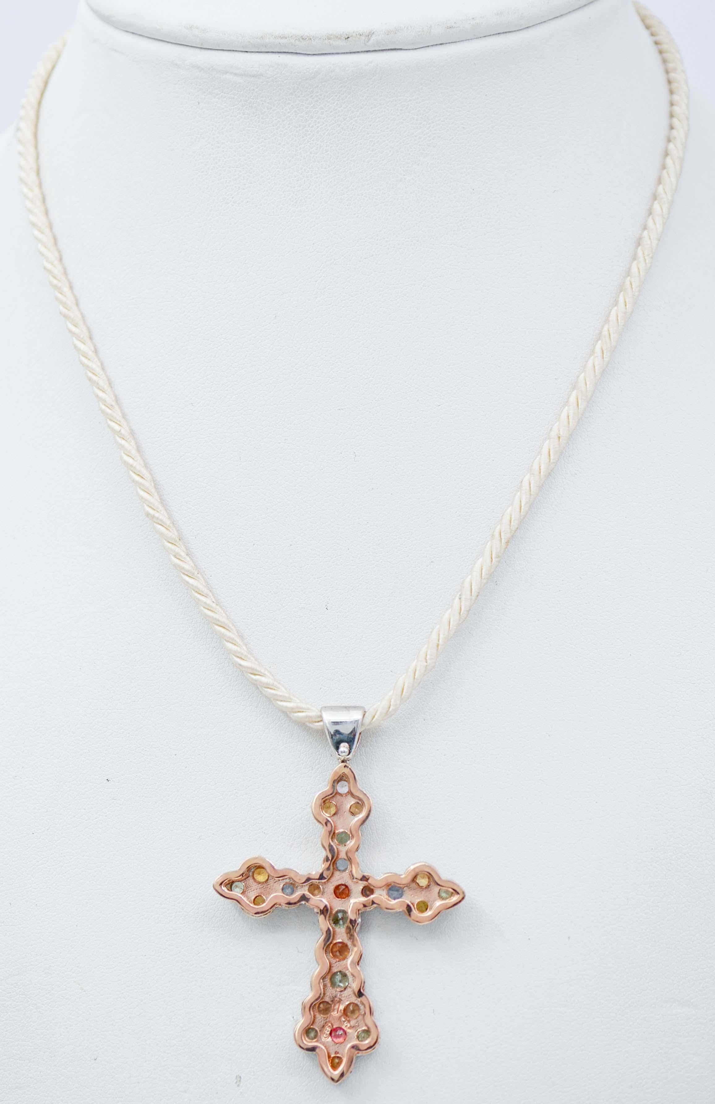 Mixed Cut Multicolor Sapphires, Diamonds, Rose Gold and Silver Cross Pendant Necklace For Sale