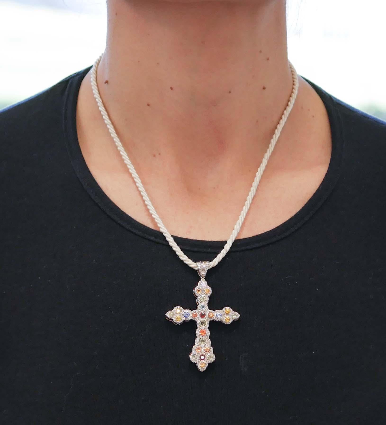 Women's Multicolor Sapphires, Diamonds, Rose Gold and Silver Cross Pendant Necklace For Sale