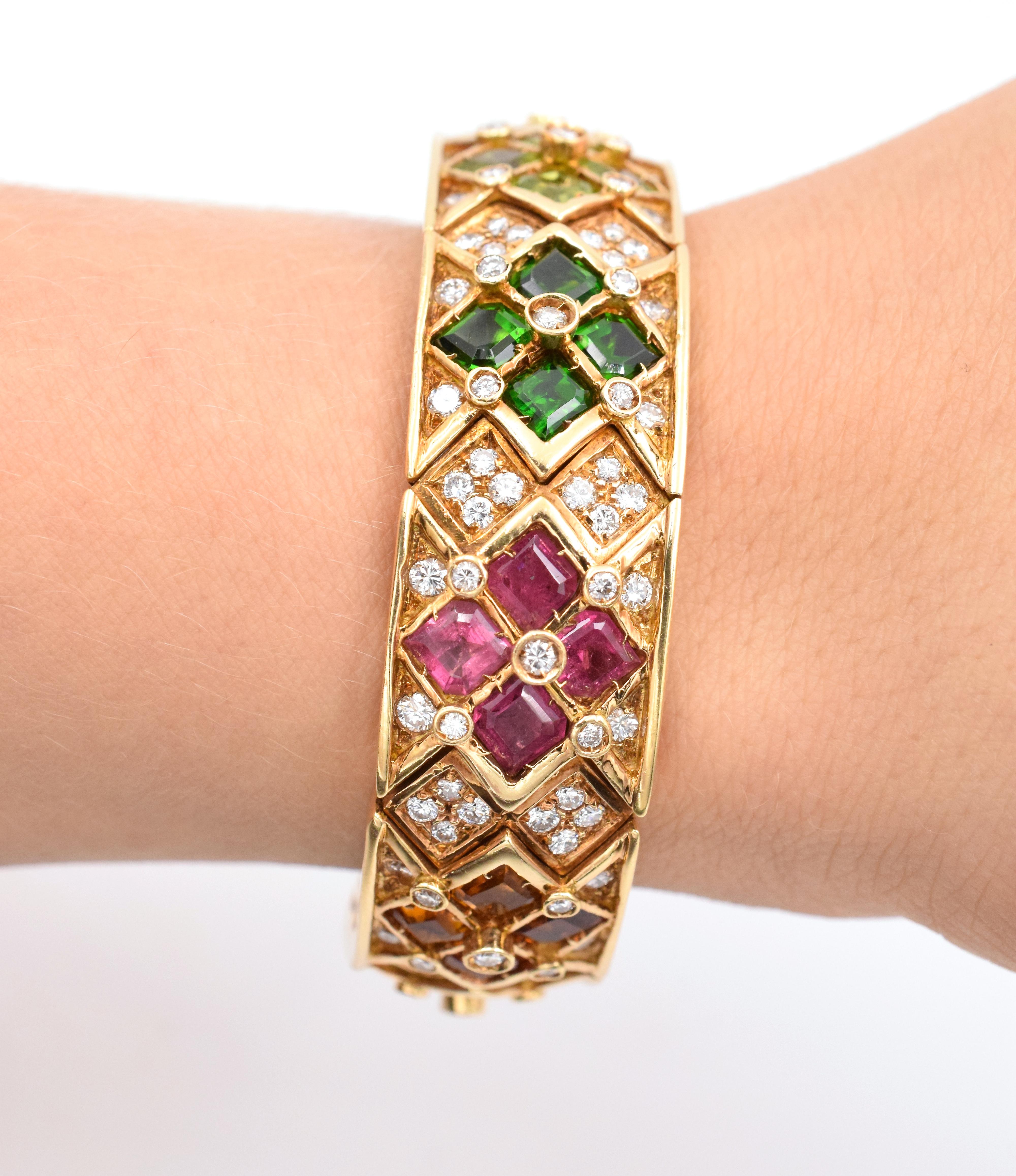 Multicolor Semi, Precious and Diamond Cuff Bracelet For Sale 1