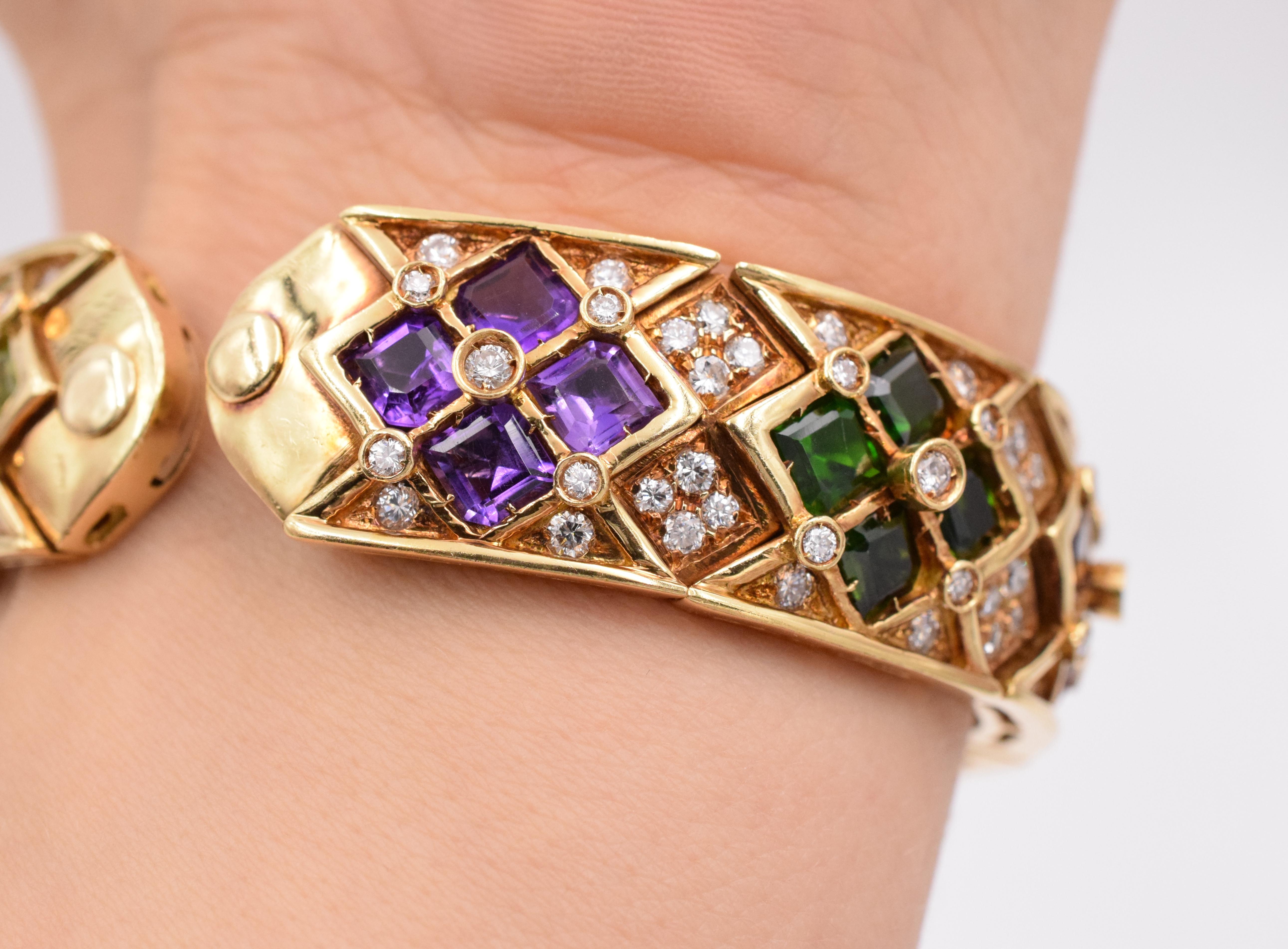 Multicolor Semi, Precious and Diamond Cuff Bracelet For Sale 2