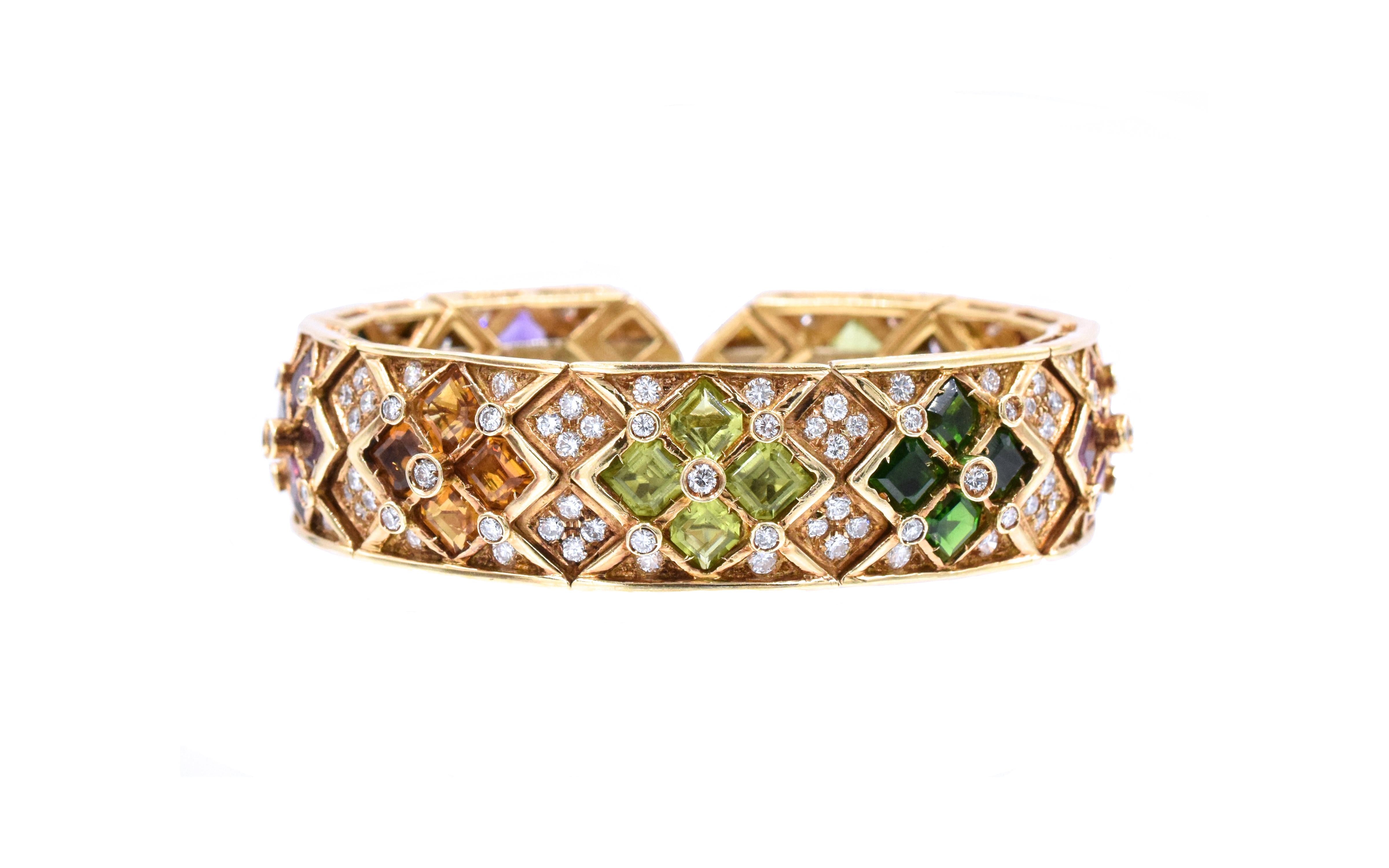 Multicolor Semi, Precious and Diamond Cuff Bracelet For Sale 3