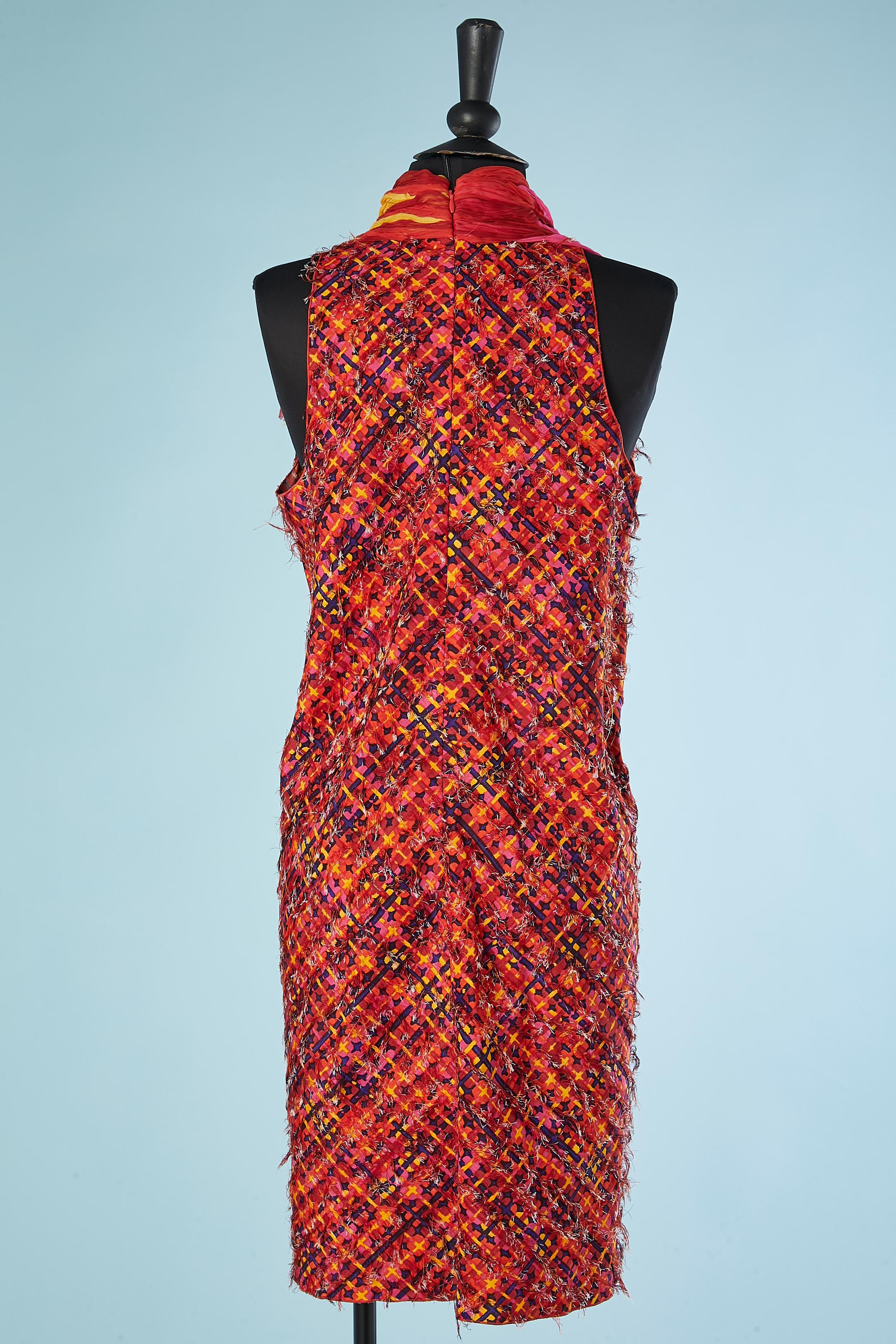 Red Multicolor silk jacquard and chiffon drape cocktail dress Bottega Veneta