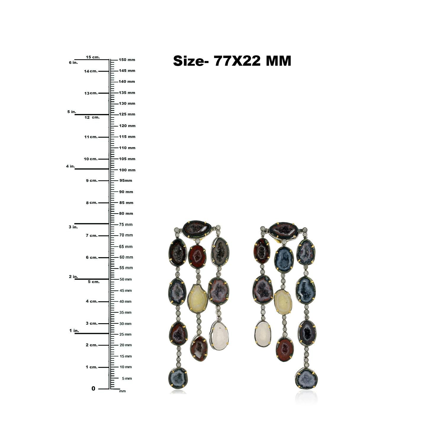 Mixed Cut Multicolor Sliced Geode 3 Layer Earrings With Diamonds Made In 18k Gold & Silver For Sale