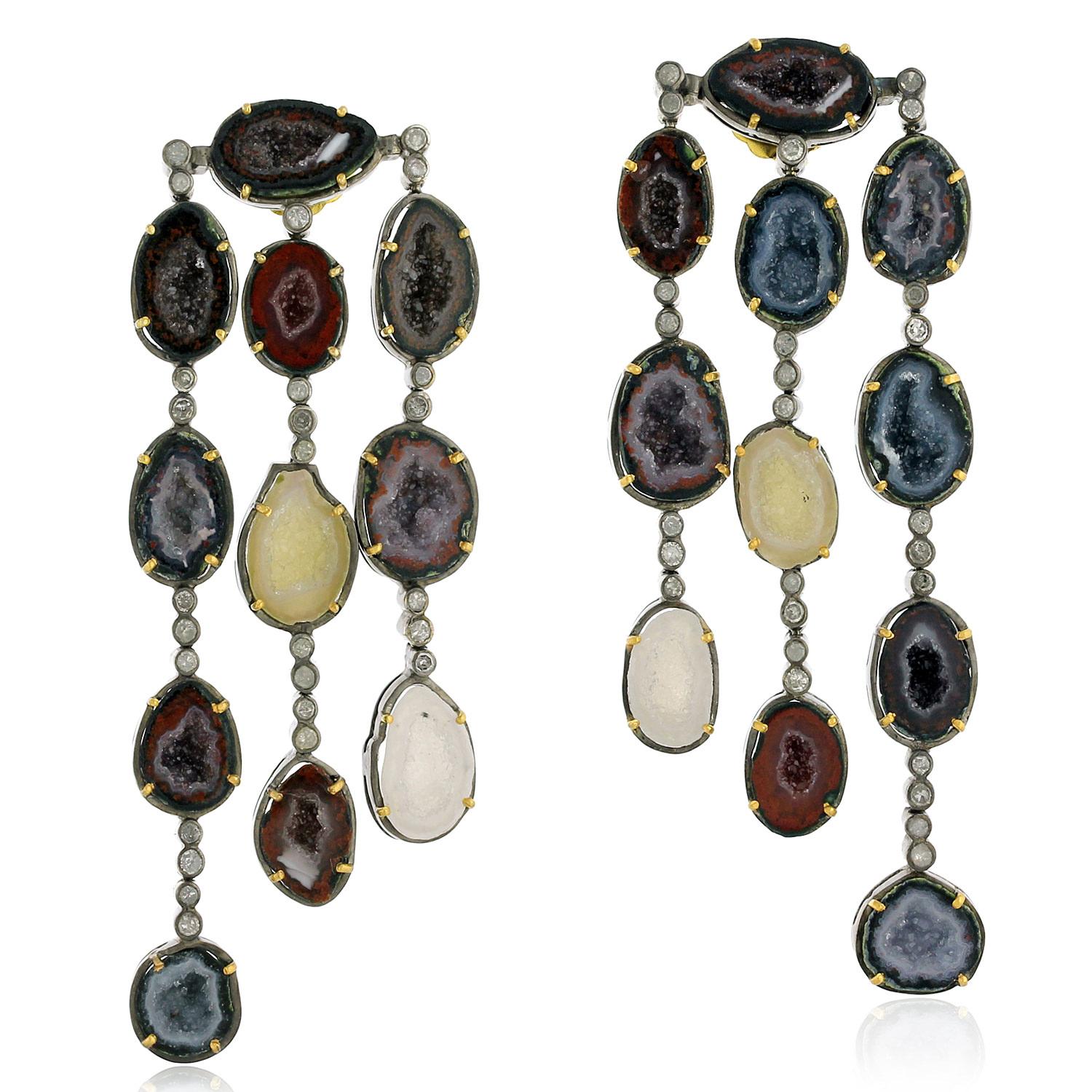 Multicolor Sliced Geode 3 Layer Earrings With Diamonds Made In 18k Gold & Silver In New Condition For Sale In New York, NY