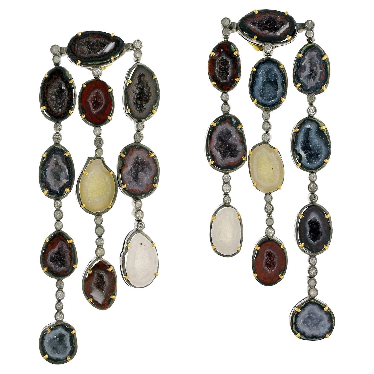 Multicolor Sliced Geode 3 Layer Earrings With Diamonds Made In 18k Gold & Silver For Sale