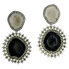 Multicolor Sliced Geode Two Tier Dangle Earrings with Pearl & Pave Diamonds