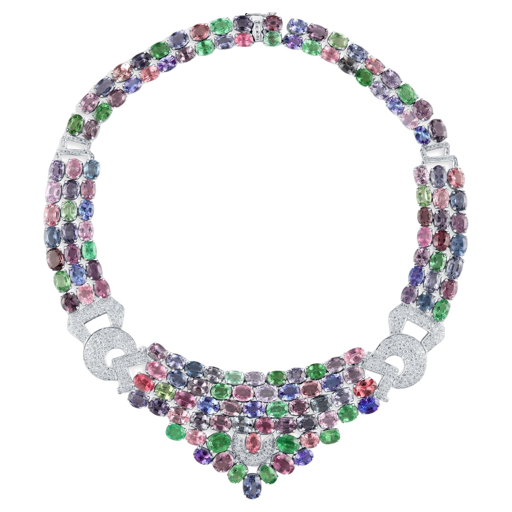 Multicolor Spinal, Tanzanite, Tsavorite And Diamond Necklace In 18K White Gold For Sale
