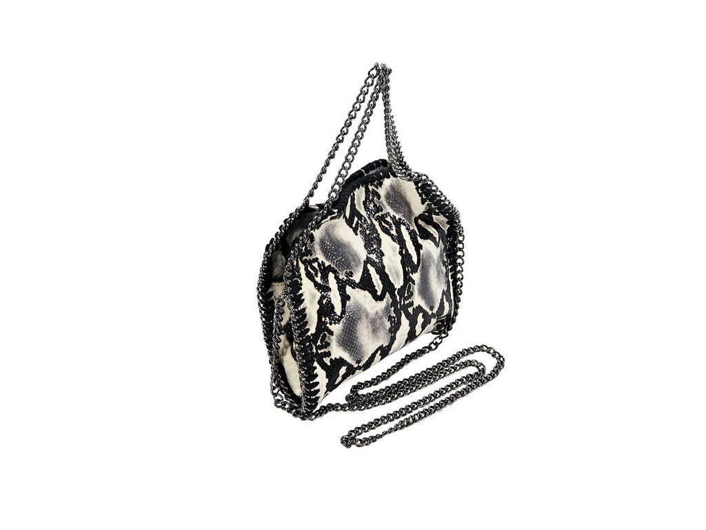 Product details:  Multicolor snake-embossed foldover Falabella crossbody bag by Stella McCartney.  Dual chain shoulder straps.  Chain crossbody strap.  Magnetic snap closure.  Lined interior with inner zip pocket.  Exterior zip pocket.  Silvertone