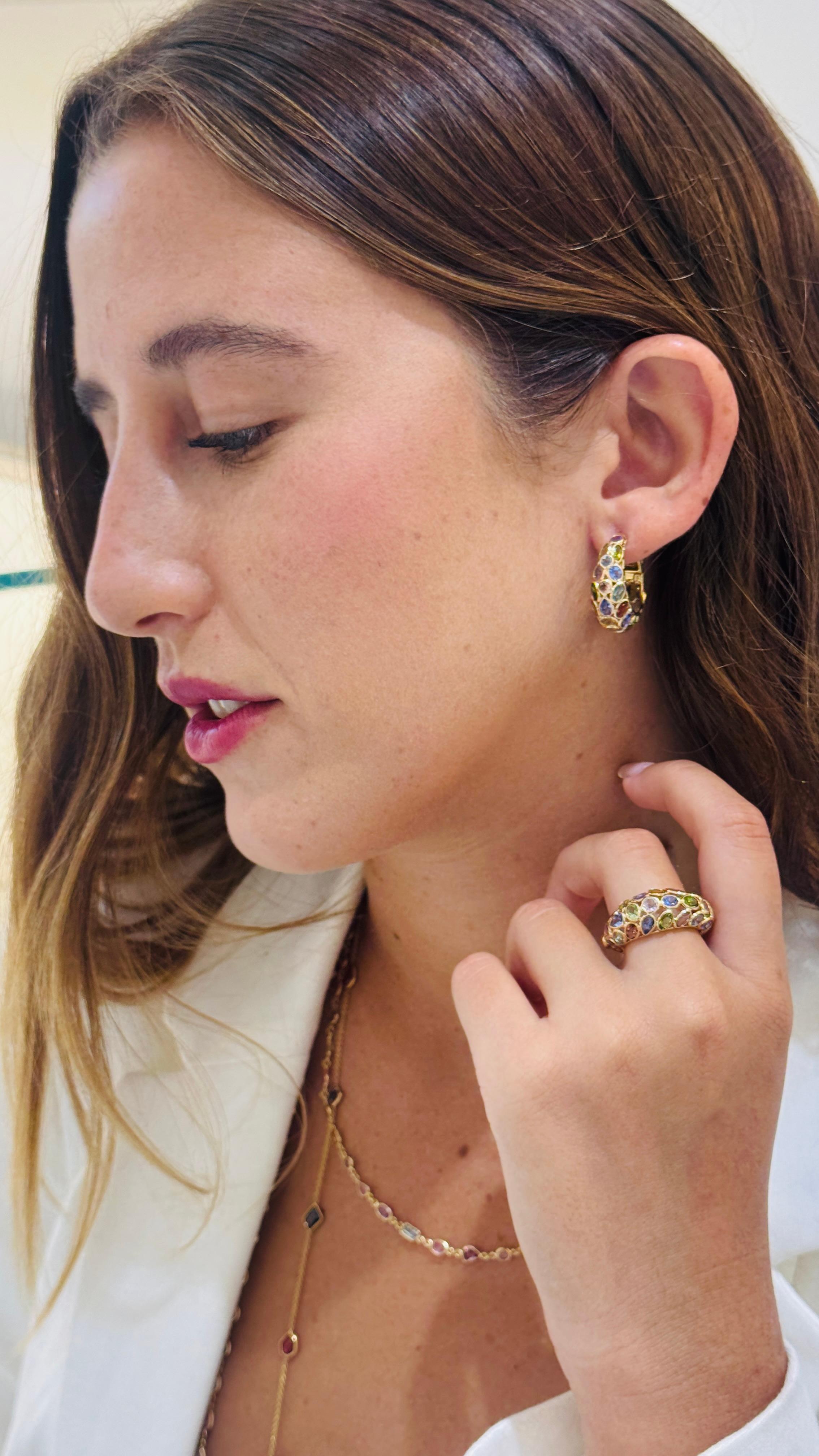 Multicolor Stone Mixshape And Diamond Hoop Earring In 18K Yellow Gold For Sale 6