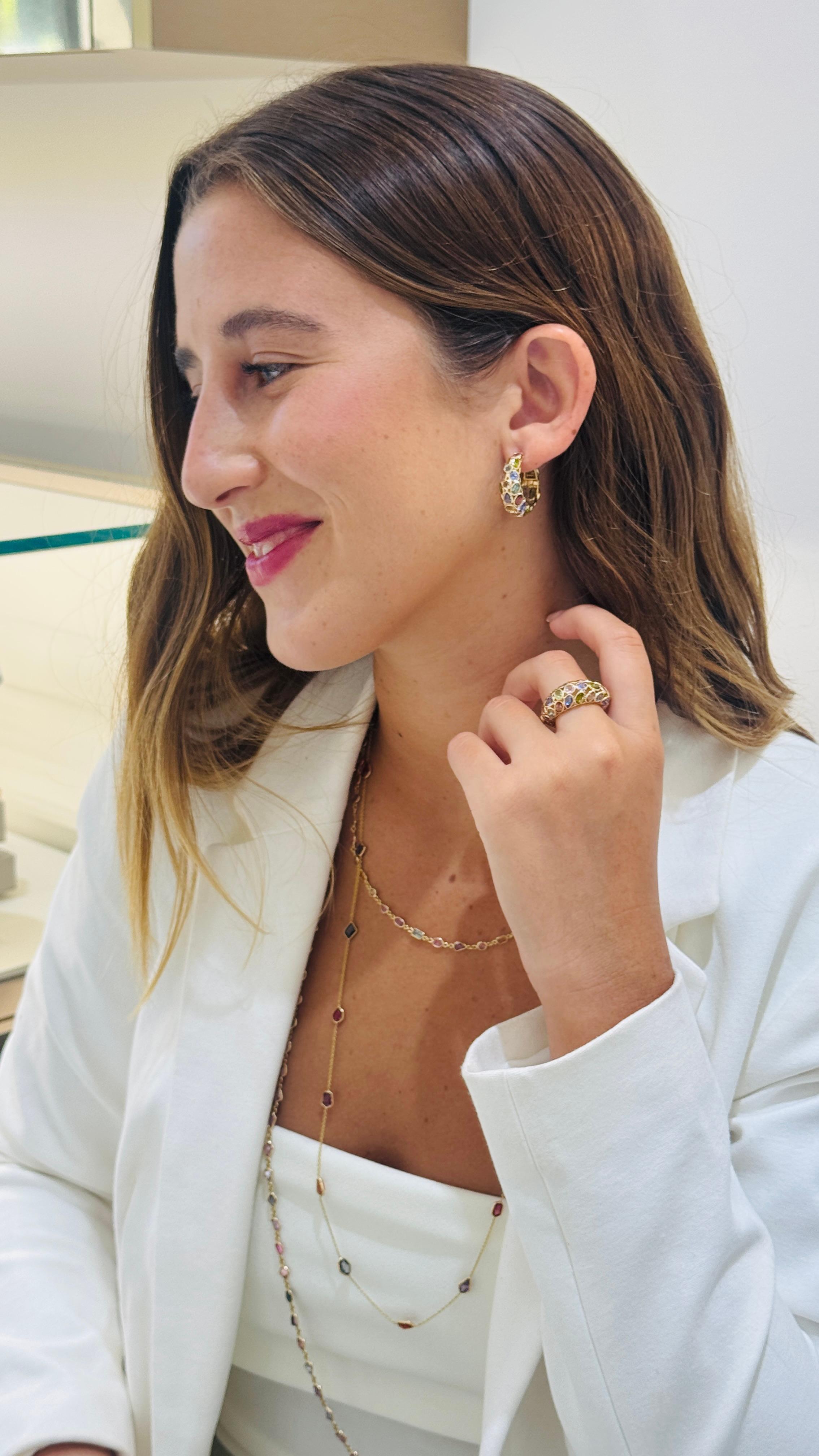 Mixed Cut Multicolor Stone Mixshape And Diamond Hoop Earring In 18K Yellow Gold For Sale