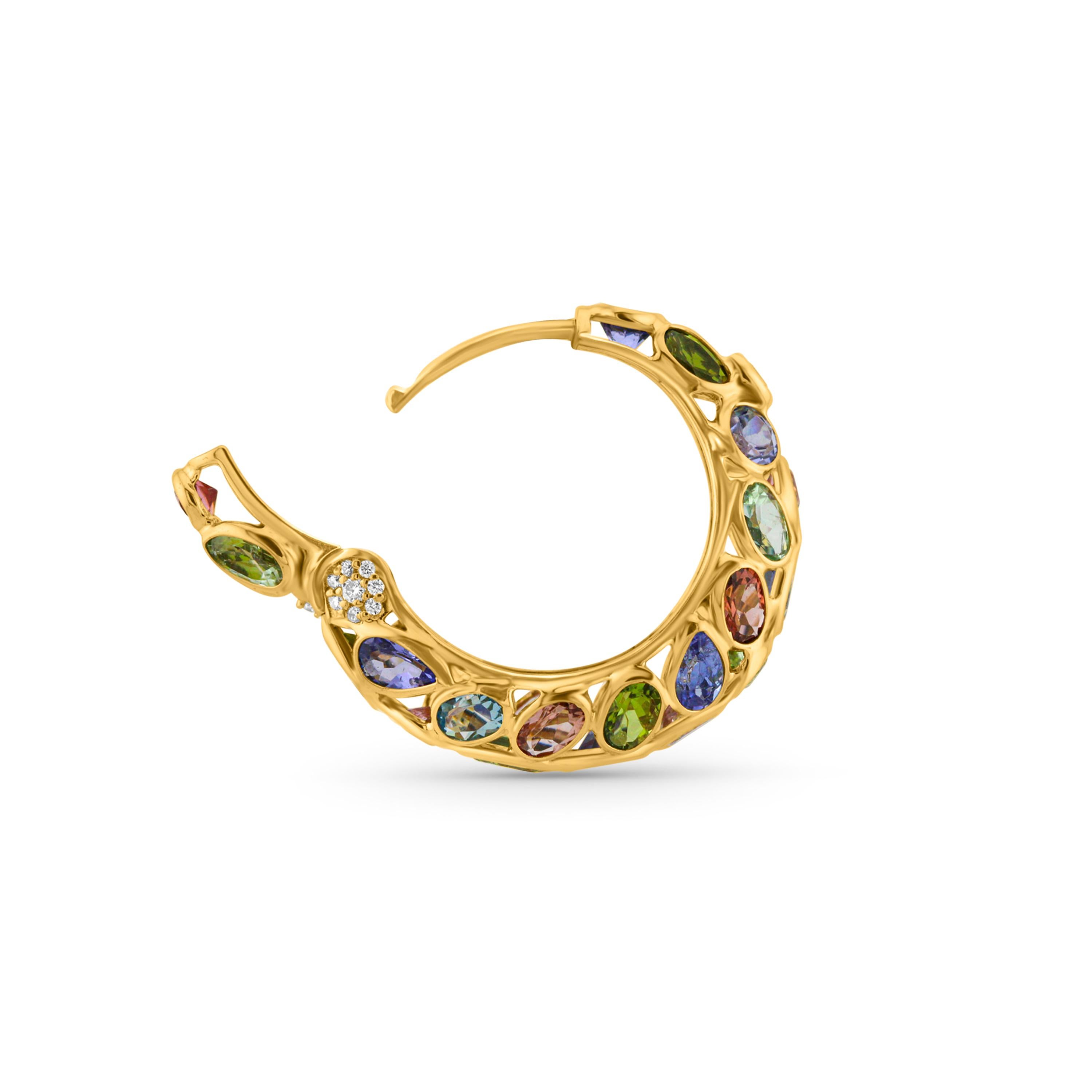 Multicolor Stone Mixshape And Diamond Hoop Earring In 18K Yellow Gold In New Condition For Sale In Coral Gables, FL