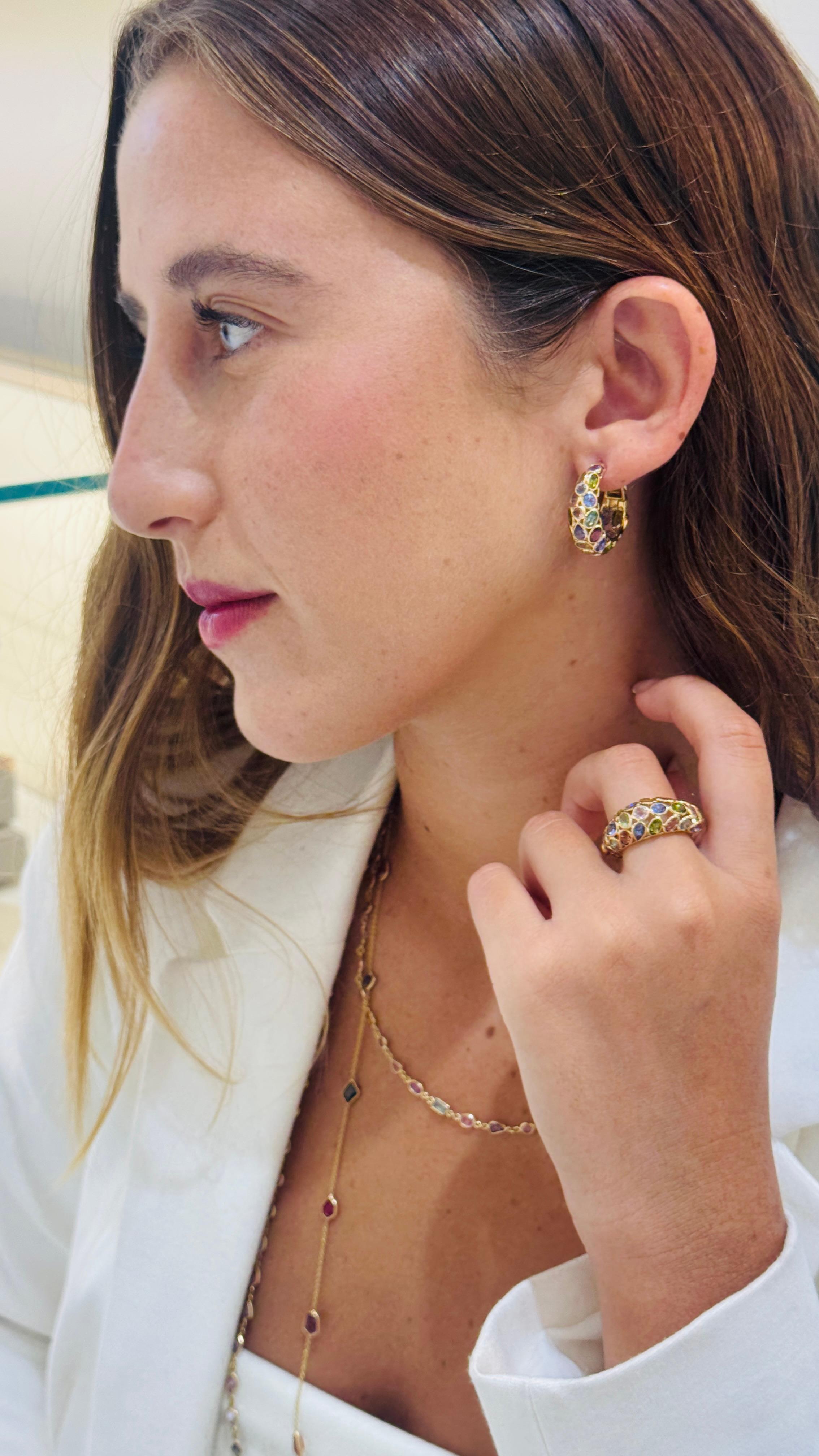 Multicolor Stone Mixshape And Diamond Hoop Earring In 18K Yellow Gold For Sale 1