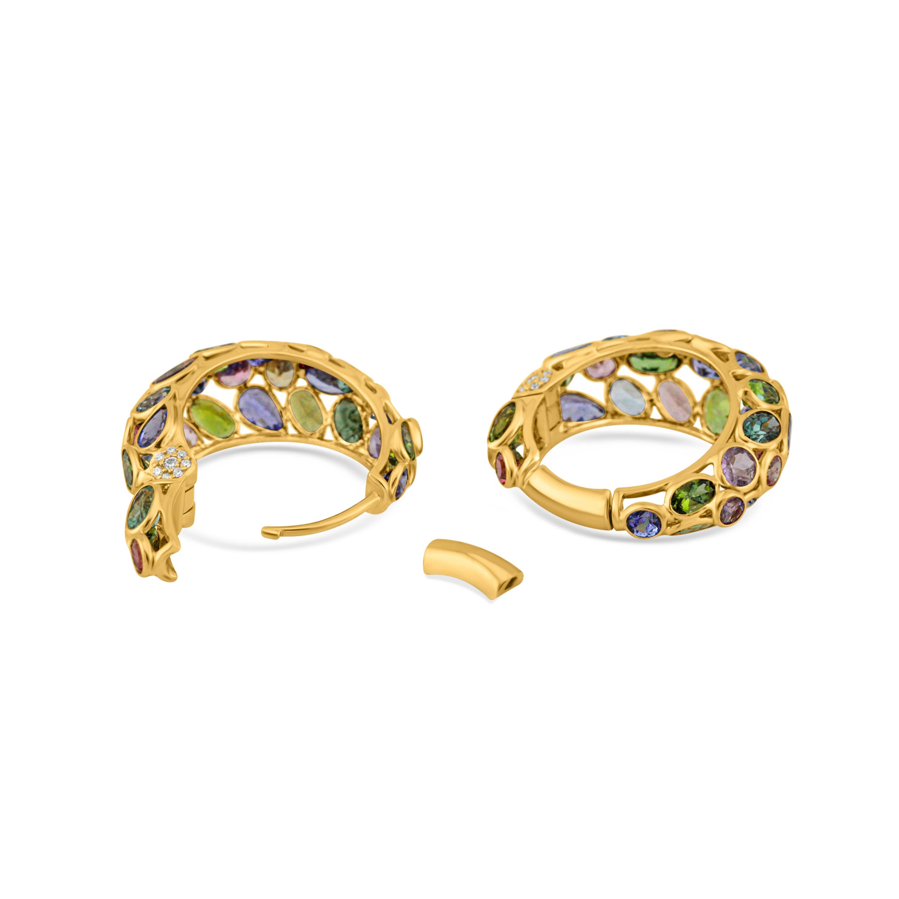 Multicolor Stone Mixshape And Diamond Hoop Earring In 18K Yellow Gold For Sale 2