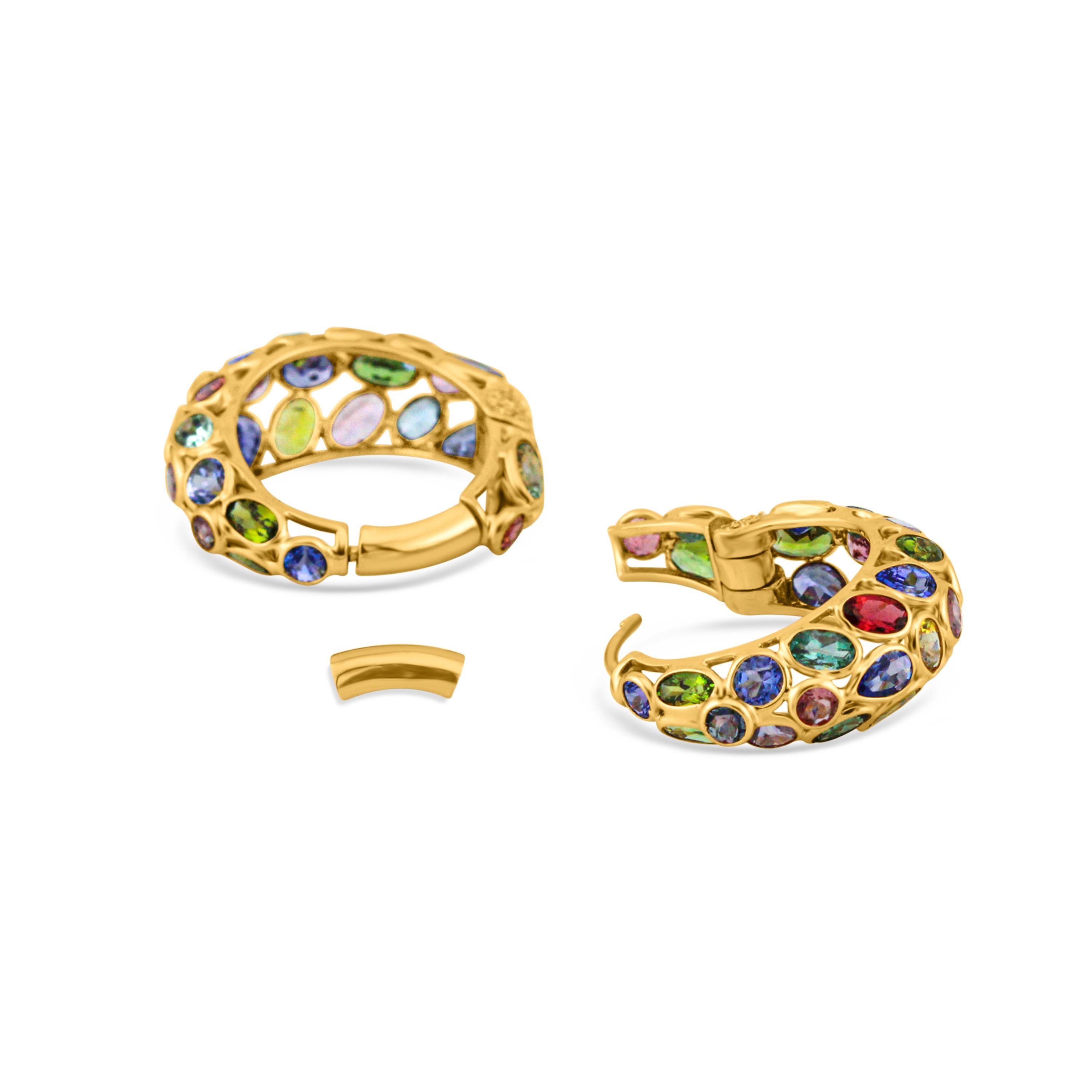 Multicolor Stone Mixshape And Diamond Hoop Earring In 18K Yellow Gold For Sale 3