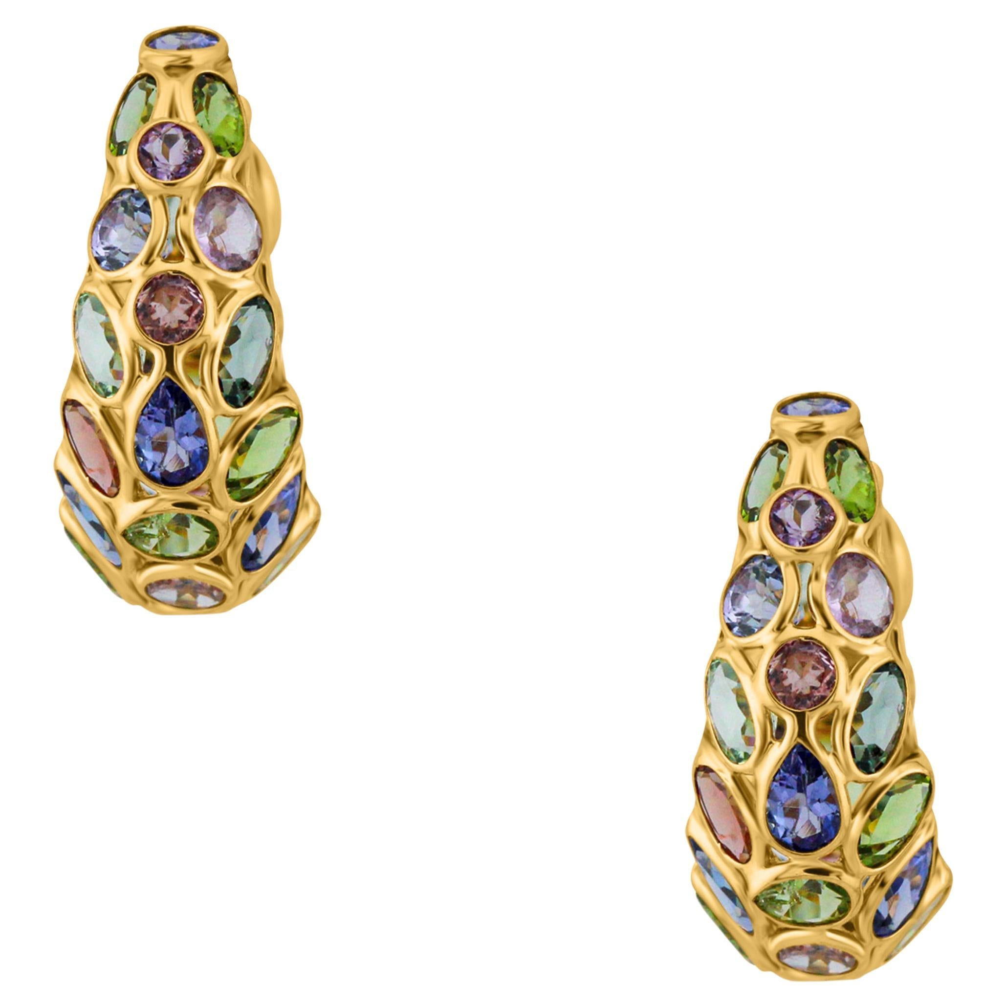 Multicolor Stone Mixshape And Diamond Hoop Earring In 18K Yellow Gold