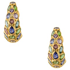 Multicolor Stone Mixshape And Diamond Hoop Earring In 18K Yellow Gold