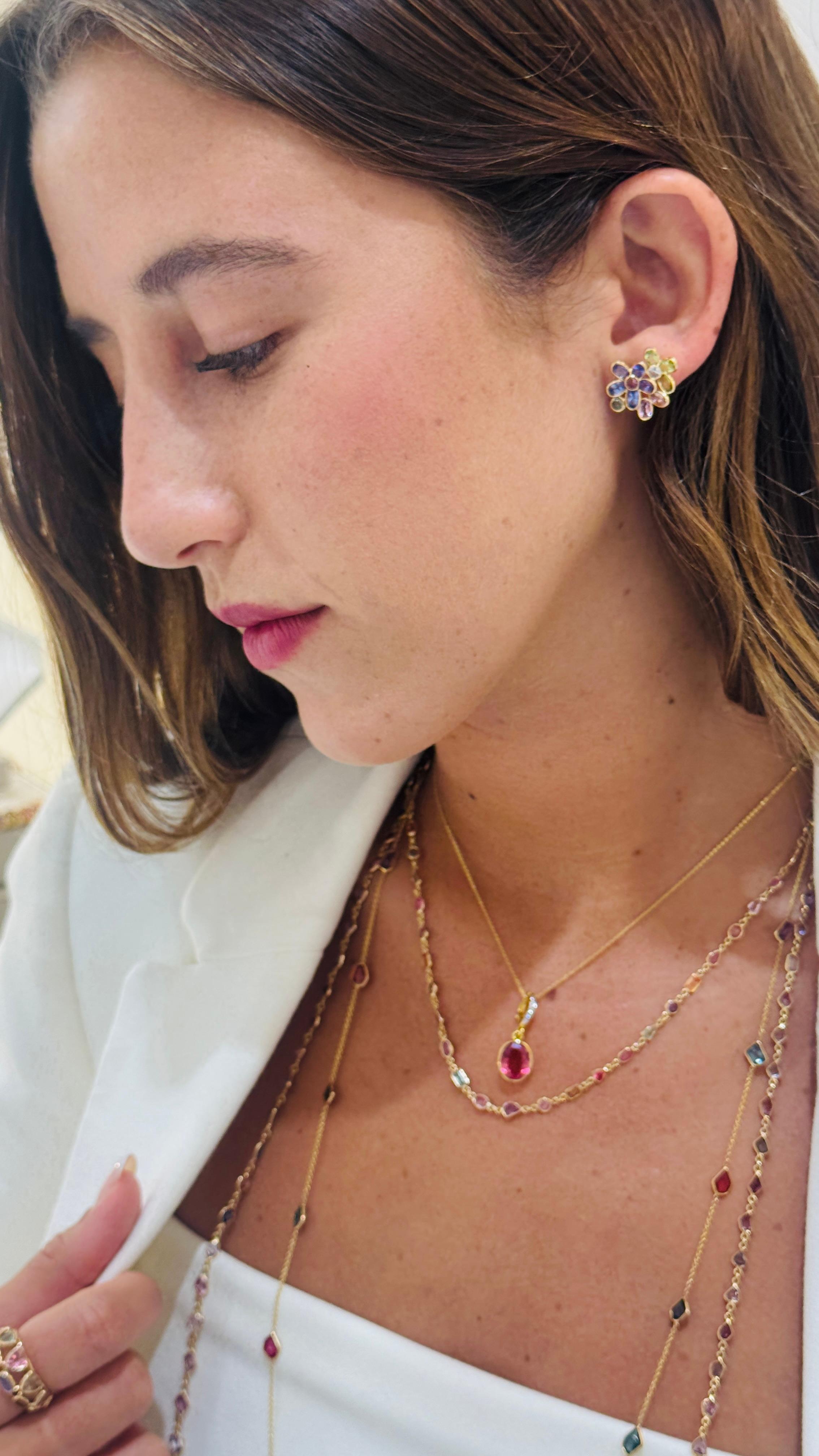 Mixed Cut Multicolor Stone Mixshape Earring In 18K Yellow Gold For Sale