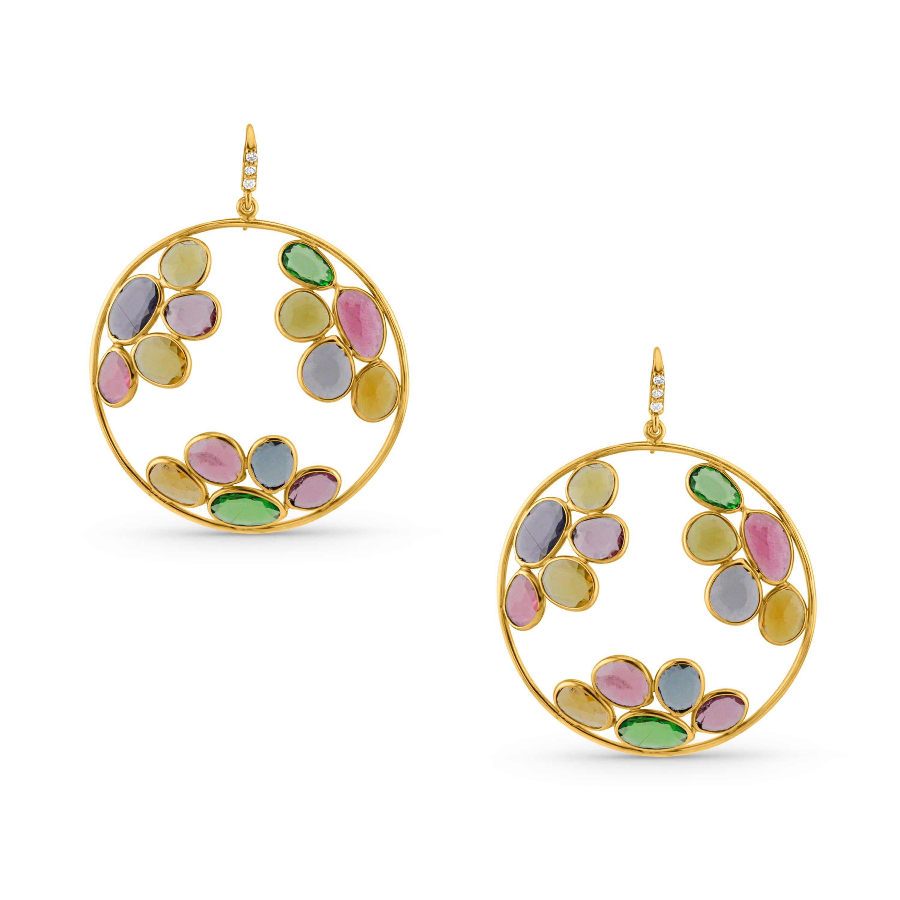Tresor Beautiful Earring feature 9.92 carats of Multicolor Stone and 0.04 carats of Diamond. The Earring is an ode to the luxurious yet classic beauty with sparkly gemstones and feminine hues. Their contemporary and modern design make them perfect