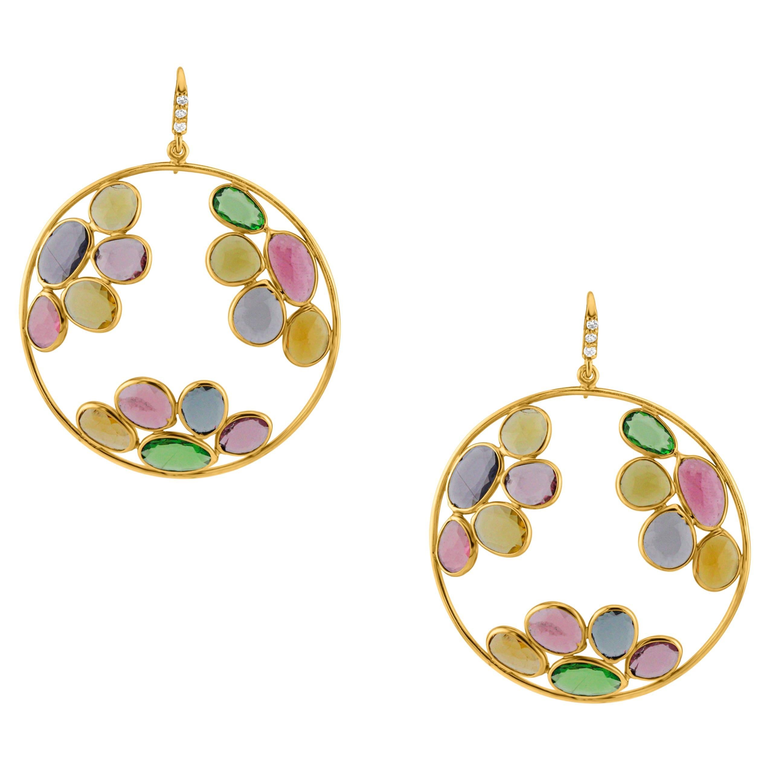 Multicolor Stone Unshape And Diamond Earring In 18K Yellow Gold
