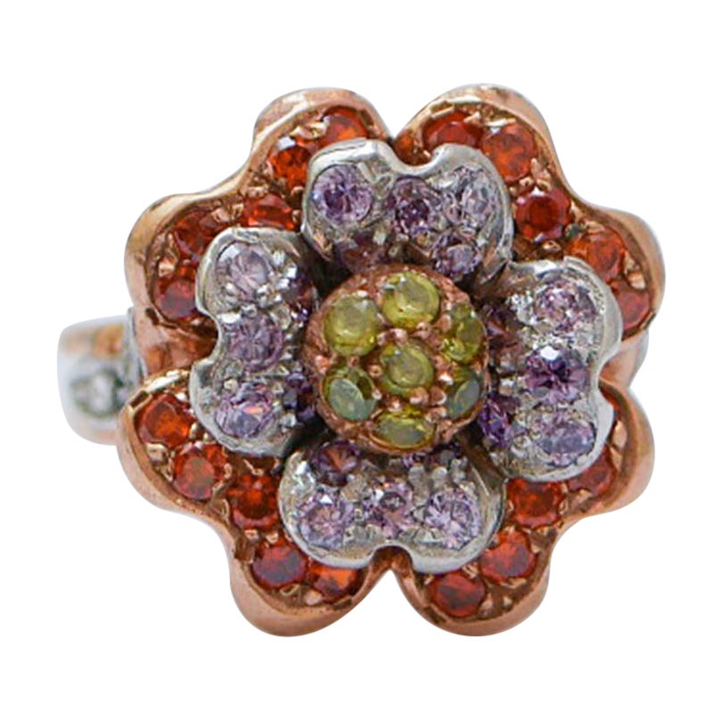 Multicolor Stones, Diamonds, Rose Gold and Silver Flower Ring. For Sale