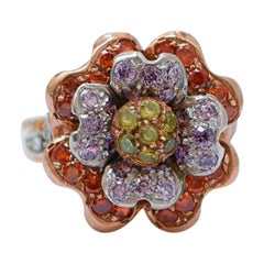 Multicolor Stones, Diamonds, Rose Gold and Silver Flower Ring.