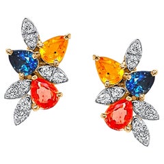 Multicolor Stones Pear Shape and Diamond Stud Earring in 18k Yellow Gold