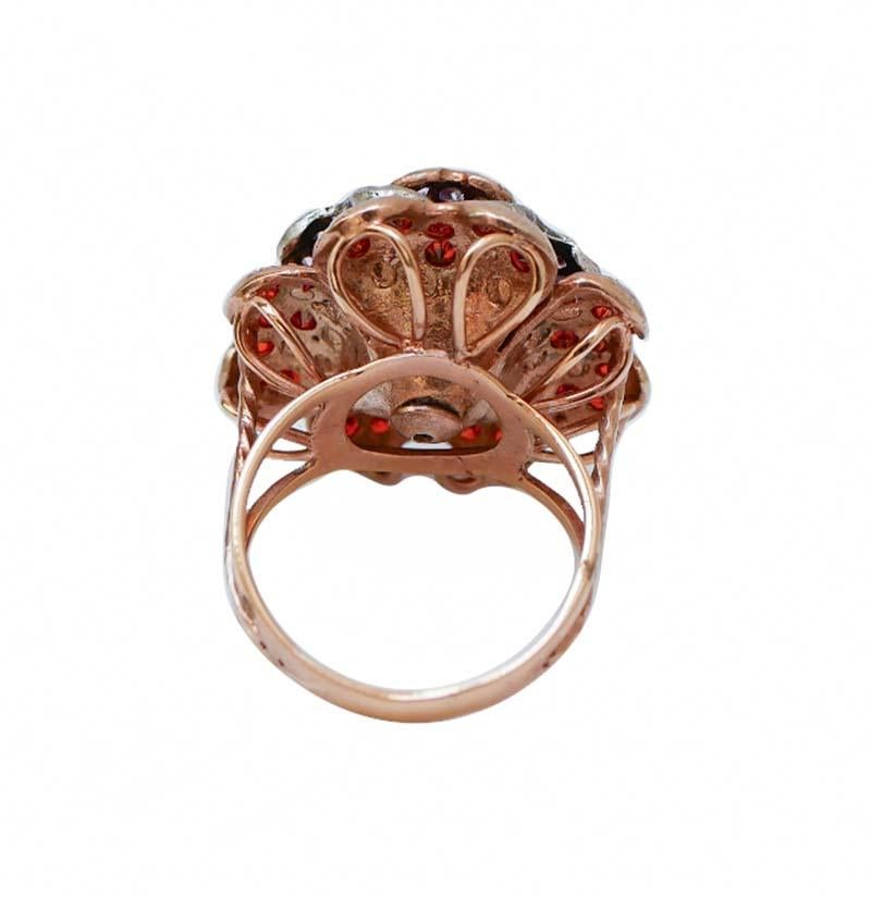 Retro Multicolor Stones, Rose Gold and Silver Flower Ring. For Sale
