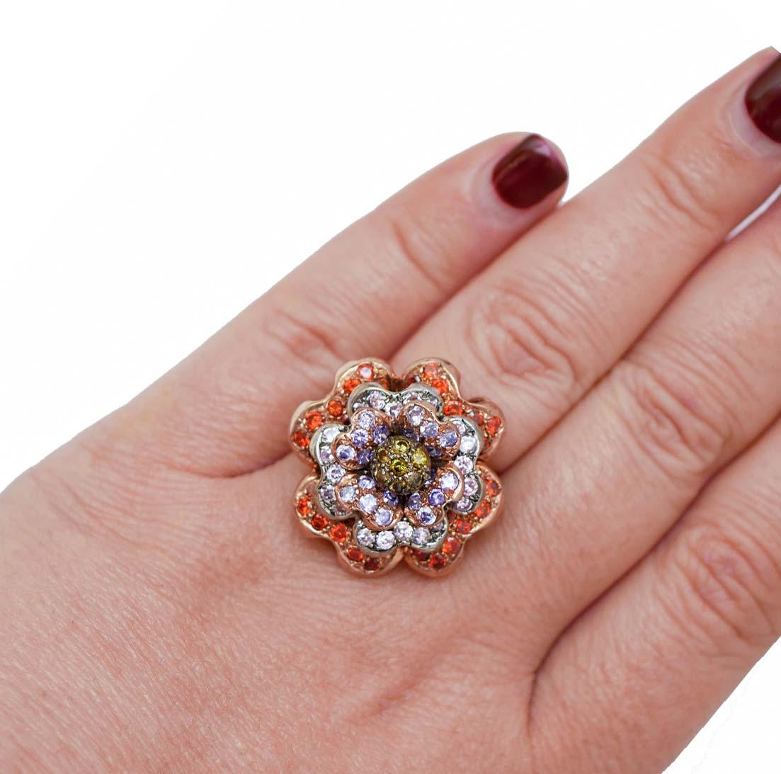 Women's Multicolor Stones, Rose Gold and Silver Flower Ring. For Sale
