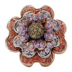 Multicolor Stones, Rose Gold and Silver Flower Ring.