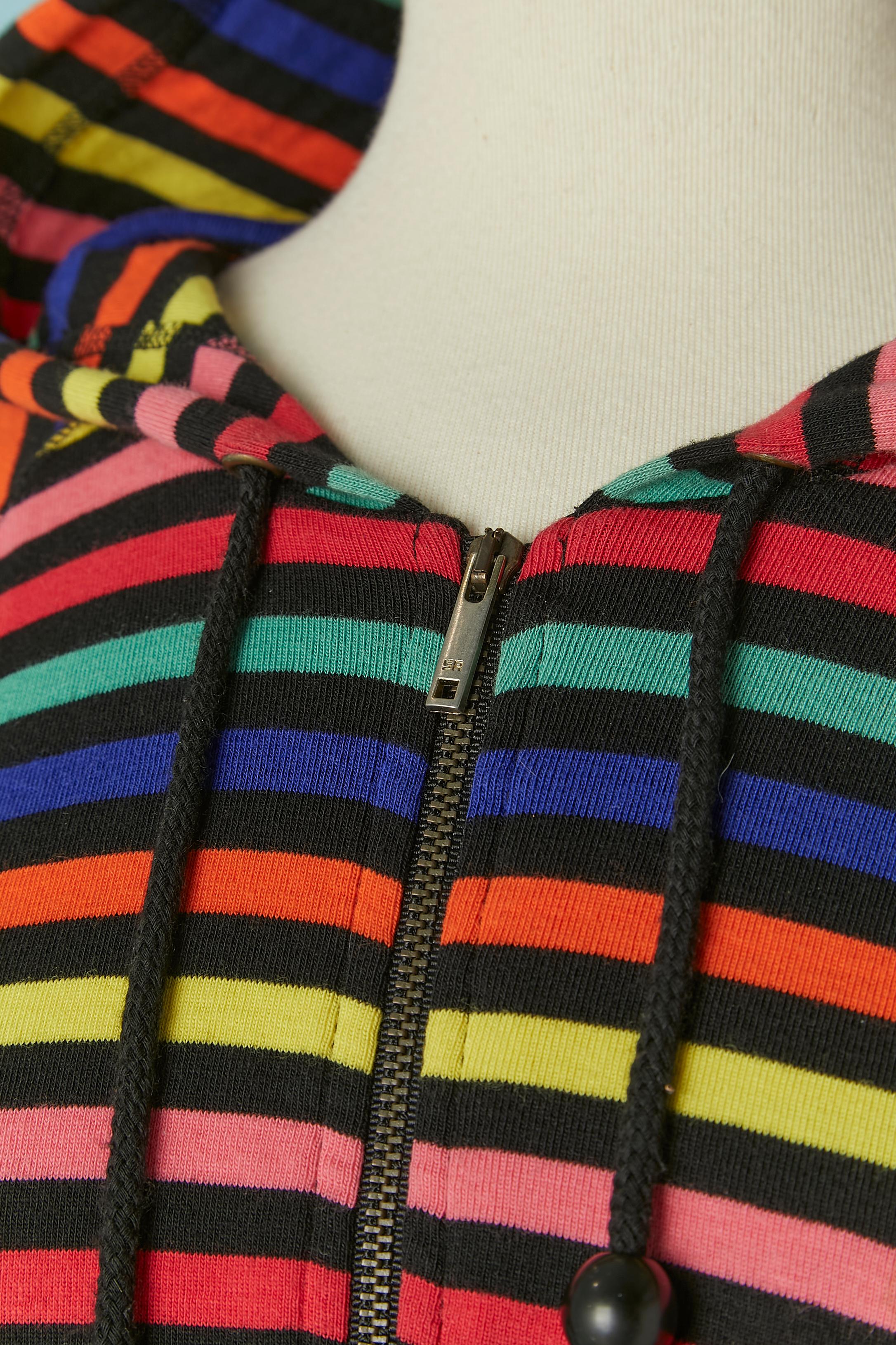 Noir Sweat à capuche à manches courtes en coton rayé multicolore Sonia Rykiel en vente