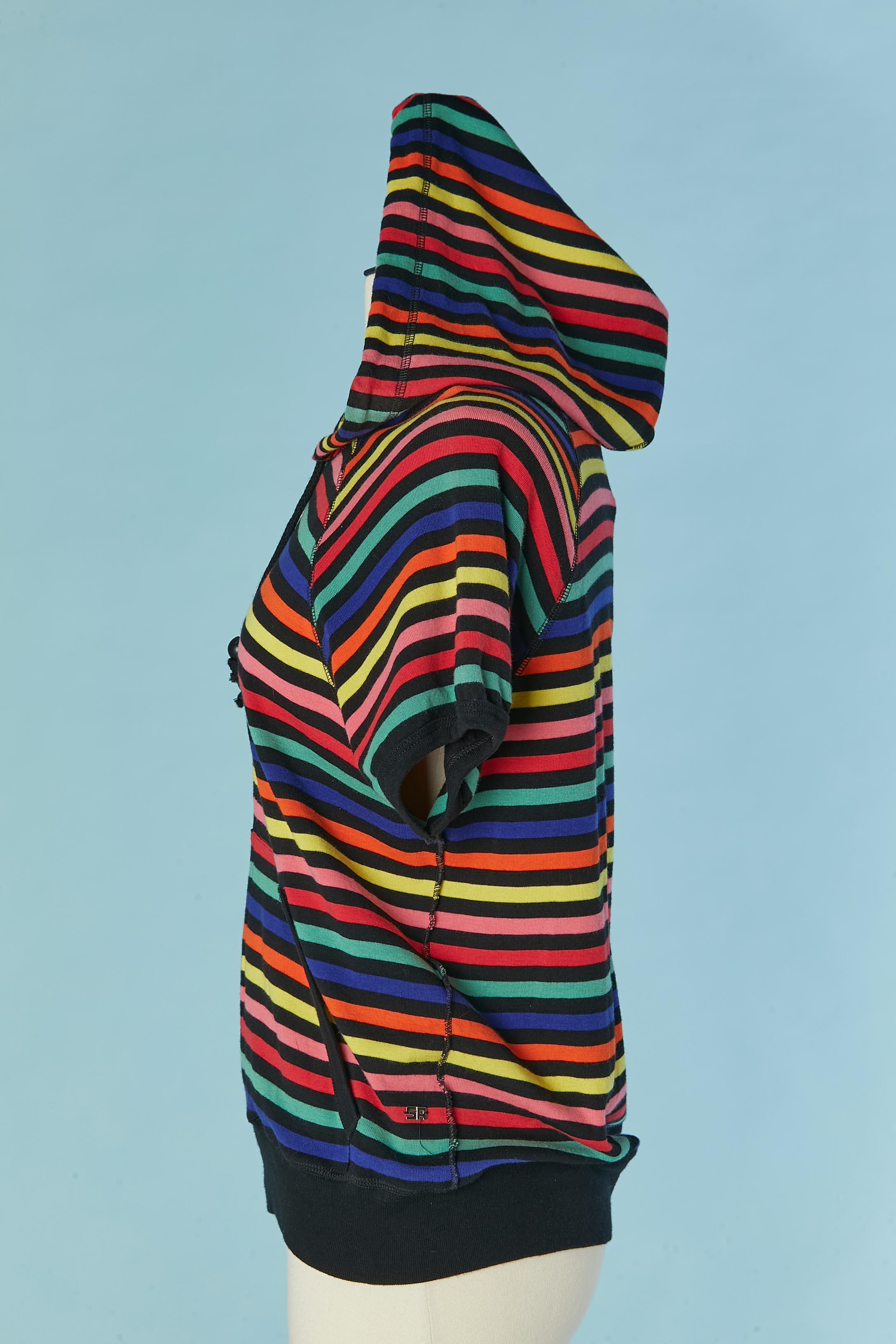 Sweat à capuche à manches courtes en coton rayé multicolore Sonia Rykiel Excellent état - En vente à Saint-Ouen-Sur-Seine, FR
