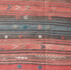 Multicolor Striped Vintage Turkish Kilim Runner with Coral Blue Tones