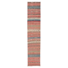 Multicolor Striped Vintage Turkish Kilim Runner with Coral Blue Tones