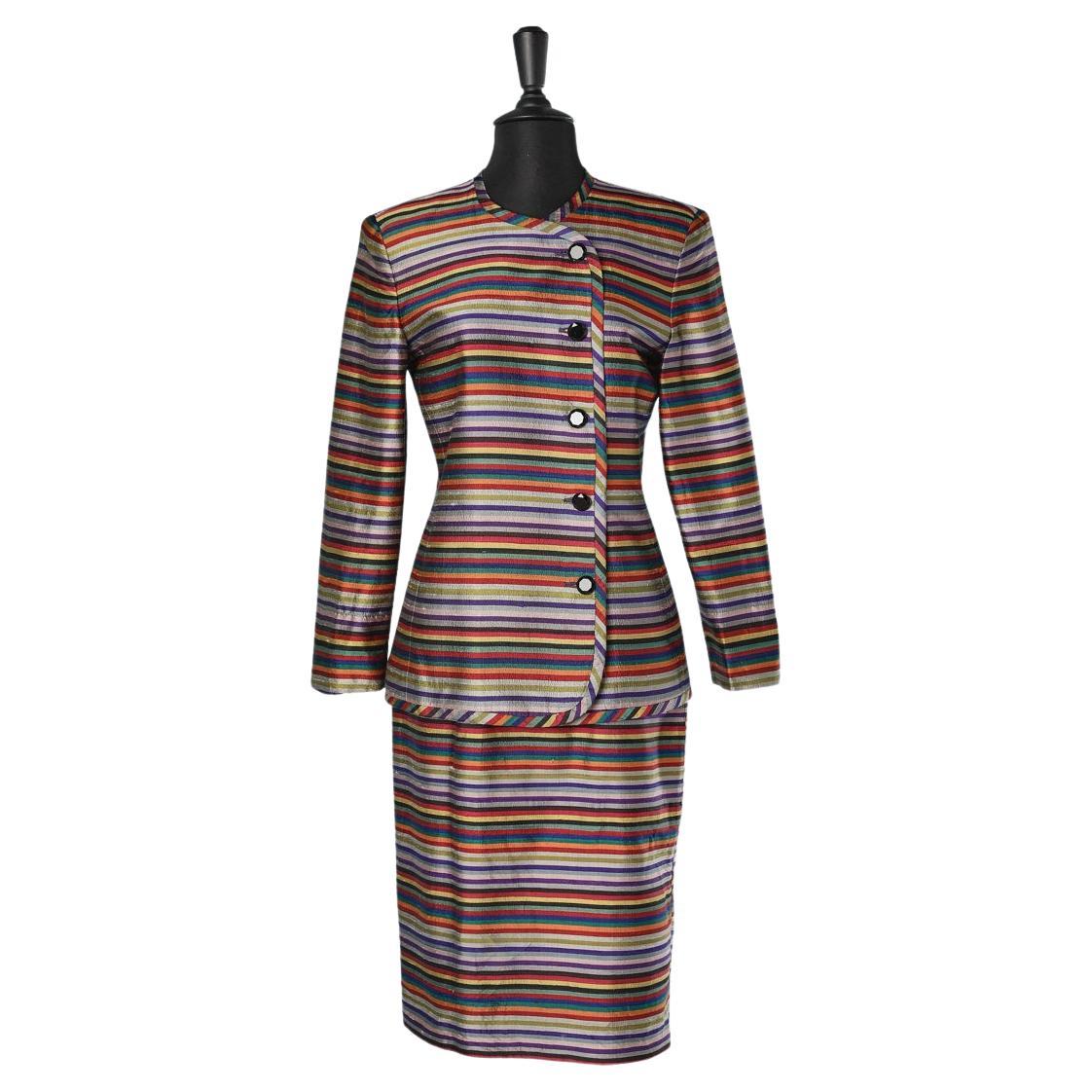  Multicolor stripes  cocktail skirt-suit in raw silk Christian Dior 