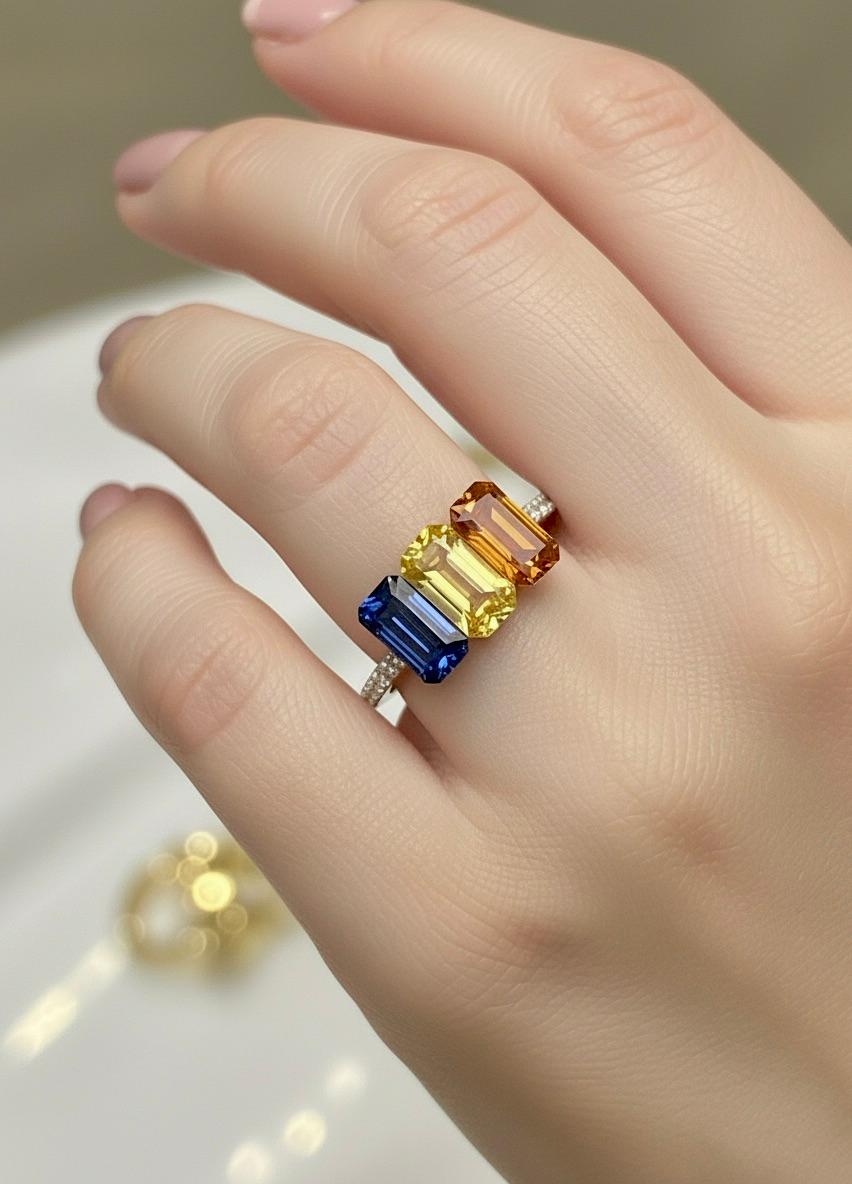 Mehrfarbiger Ceylon-Saphir mit drei Steinen, 3,17 Karat (Smaragdschliff) im Angebot