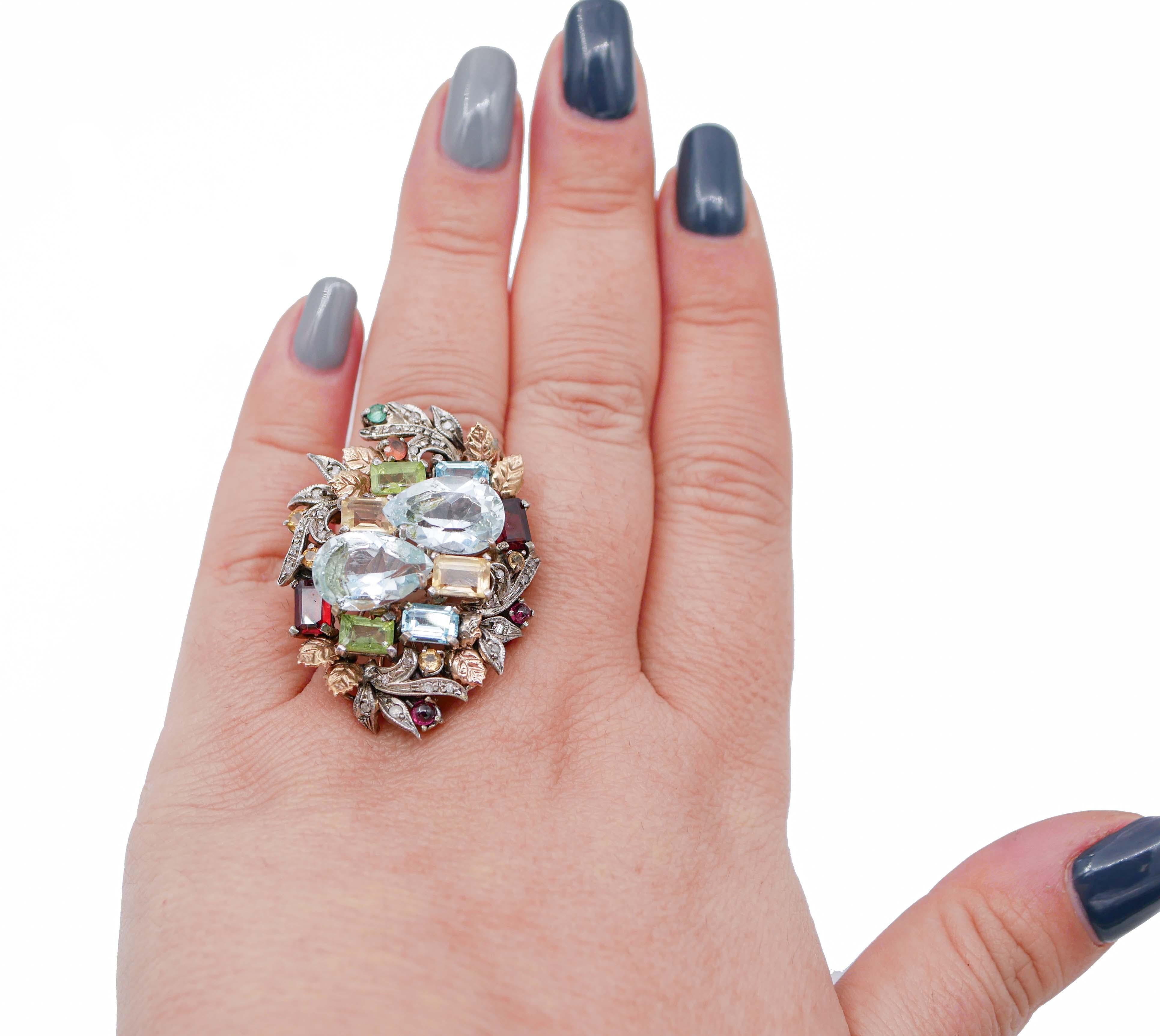 Mixed Cut Multicolor Topazs, Peridots, Garnets, Diamonds, Rose Gold and Silver Ring For Sale