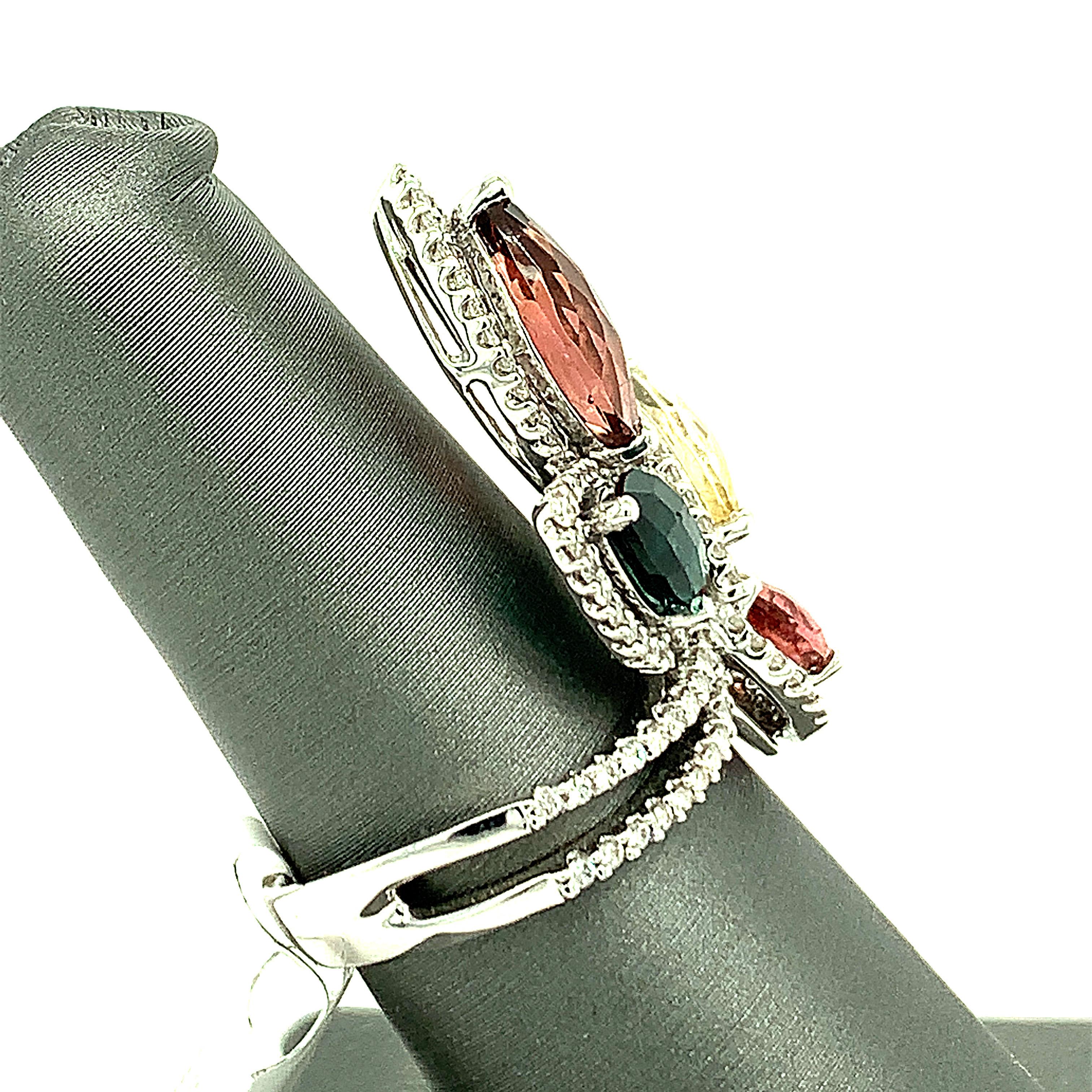 Multicolor Tourmaline and Diamond 18K White Gold Cocktail Ring 4